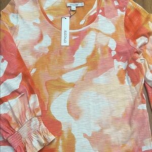 NWT Chico's Vibrant Watercolor Orange and Pink Long Sleeve Slub Tee Sz 2 Large